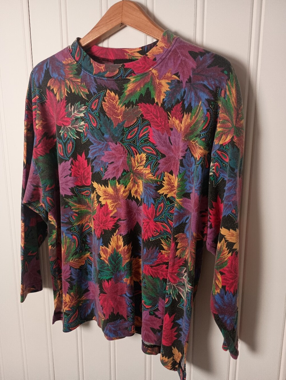 90s Bon Worth- Multicolor Leaf Print Long Sleeve Top- Size L